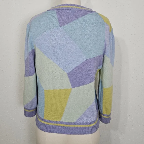 St John Sport Santana Knit Vintage Geometric Pastel V-Neck Sweater S - Picture 3 of 10